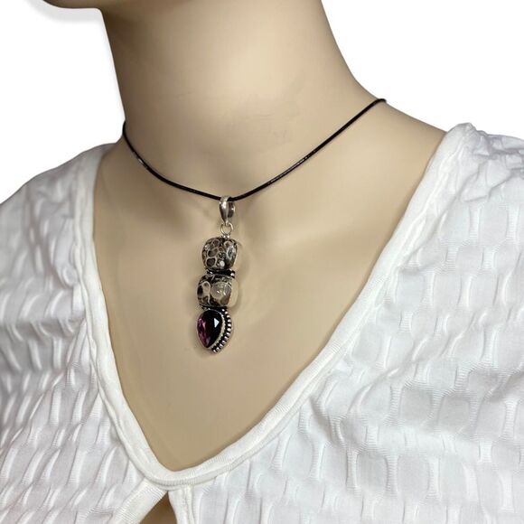 Double Agate with Faceted Teardrop Amethyst Pendant Choker Necklace NEW - Picture 4 of 4